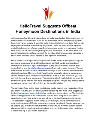 HelloTravel Suggests Offbeat Honeymoon Destinations in India.docx