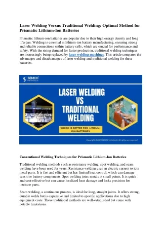 Laser Welding Versus Traditional Welding Optimal Method for Prismatic Lithium-Ion Batteries