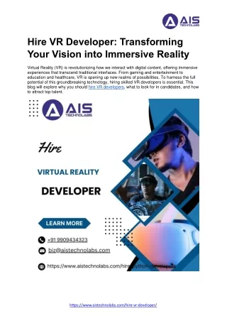 Hire VR Developers: Transform Your Ideas into Immersive Experiences