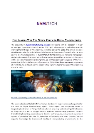 Five Reasons Why You Need a Course in Digital Manufacturing