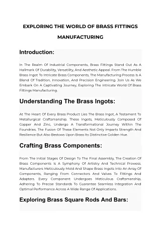 EXPLORING THE WORLD OF BRASS FITTINGS MANUFACTURING