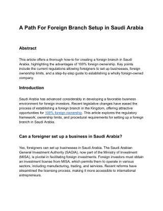 A Path For Foreign Branch Setup in Saudi Arabia