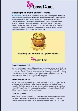 Exploring the Benefits of Dpboss Matka