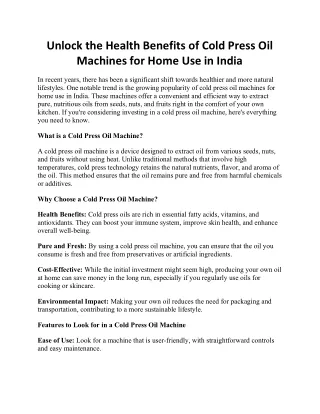 Health Benefits of Cold Press Oil Machines for Home Use in India