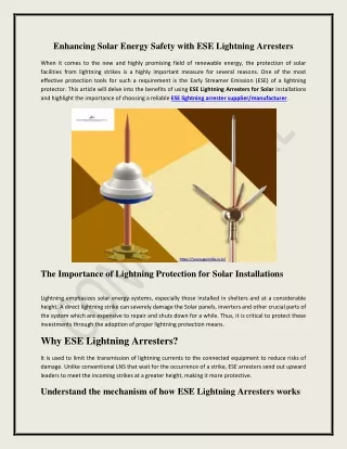 Enhancing Solar Energy Safety with ESE Lightning Arresters