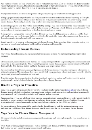 Preventing Chronic Illnesses: The Yoga Approach