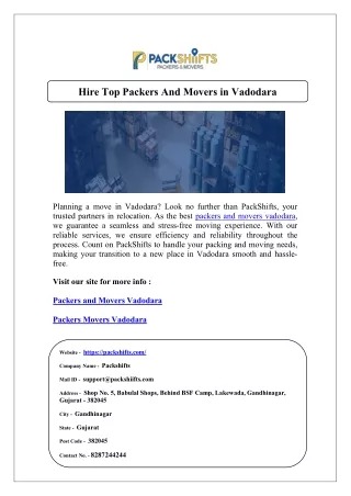 Hire Top Packers And Movers in Vadodara