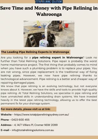 Save Time and Money with Pipe Relining in Wahroonga