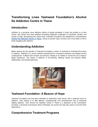 Transforming Lives Yashwant Foundation's Alcohol De Addiction Centre in Thane