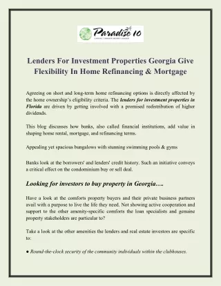 Lenders For Investment Properties Georgia Give Flexibility In Home Refinancing