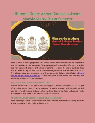 Ultimate Guide About Ganesh Lakshmi Marble Statue Manufacturer