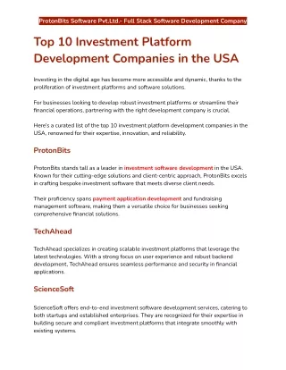 Top 10 Investment Platform Development Companies in the USA