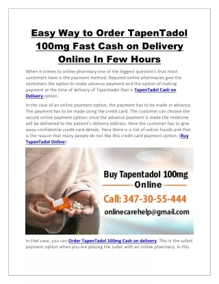 Easy Way to Order TapenTadol 100mg Fast Cash on Delivery Online In Few Hours