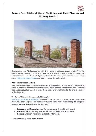 Revamp Your Pittsburgh Home: The Ultimate Guide to Chimney and Masonry Repairs