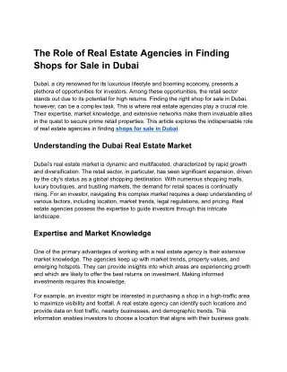 The Role of Real Estate Agencies in Finding Shops for Sale in Dubai