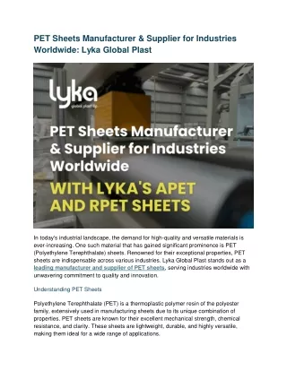 PET Sheets Manufacturer & Supplier for Industries Worldwide: Lyka Global Plast