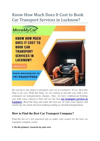 Know How Much Does It Cost to Book Car Transport Services in Lucknow