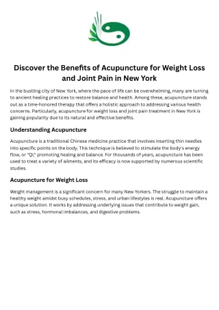 Discover the Benefits of Acupuncture for Weight Loss and Joint Pain in New York