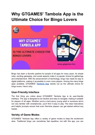 Why GTGAMES' Tambola App is the Ultimate Choice for Bingo Lovers