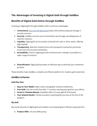 Benefits of Digital Gold Online through GoldBox