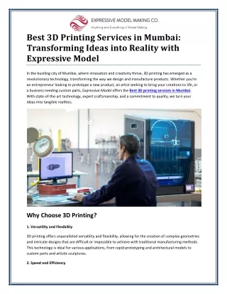 Experience the Best 3D Printing Services in Mumbai for Innovative Solutions