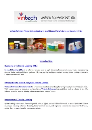 Vintech Polymers Private Limited Leading In-Mould Labels Manufacturer and Supplier in India