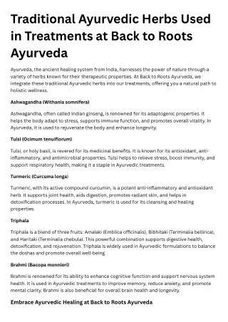 Traditional Ayurvedic Herbs Used in Treatments at Back to Roots Ayurveda