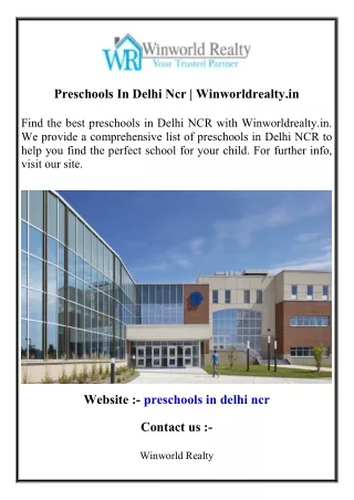 Preschools In Delhi Ncr   Winworldrealty.in