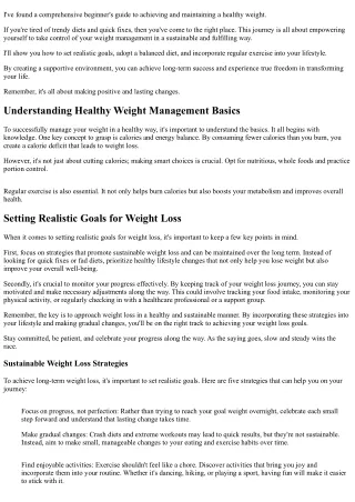 Ultimate Guide: Beginner's Journey to Healthy Weight Management