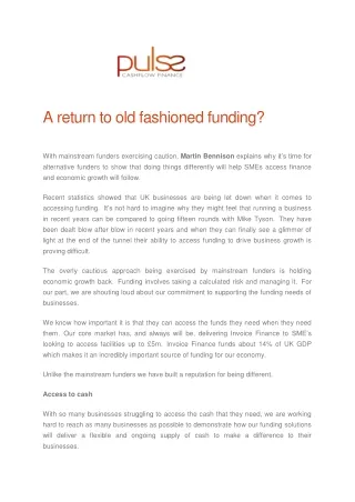 A return to old fashioned funding - Pulse Cashflow Finance