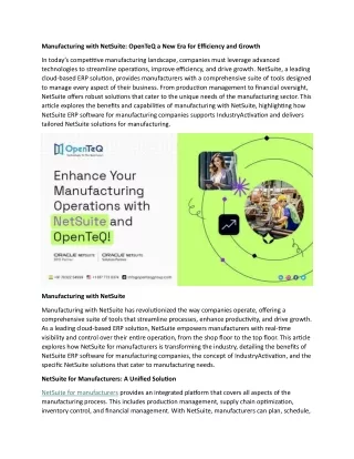 Manufacturing with NetSuite OpenTeQ a New Era for Efficiency and Growth