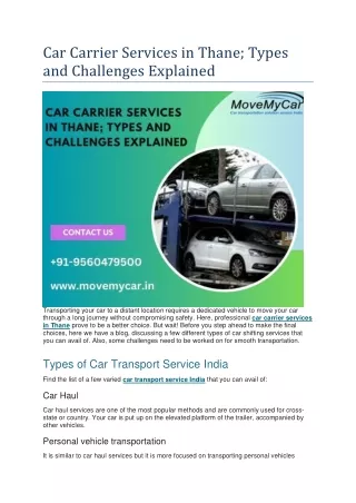 Car Carrier Services in Thane; Types and Challenges Explained