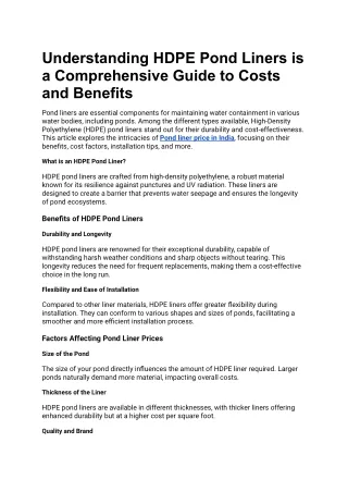 Understanding HDPE Pond Liners is a Comprehensive Guide to Costs and Benefits