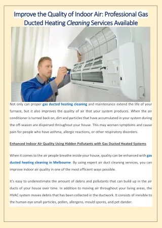 Improve the Quality of Indoor Air Professional Gas Ducted Heating Cleaning Services Available
