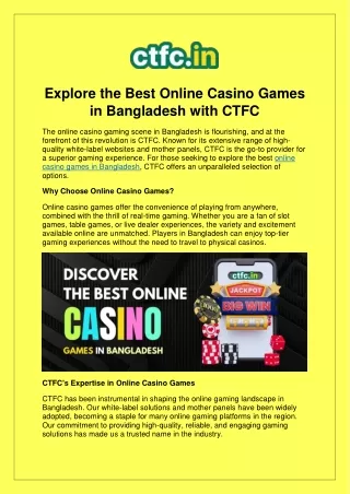 Elevate Your Gaming: Best Online Casino Games in Bangladesh by CTFC