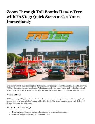 Zoom Through Toll Booths Hassle-Free with FASTag_ Quick Steps to Get Yours Immediately