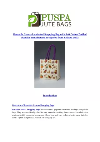 Reusable Canvas Laminated Shopping Bag with Soft Cotton Padded Handles manufacturer & exporter from Kolkata India