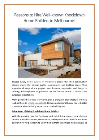 Reasons to Hire Well known Knockdown Home Builders in Melbourne