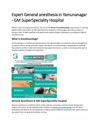 Expert General anesthesia in Yamunanagar - GM SuperSpeciality Hospital