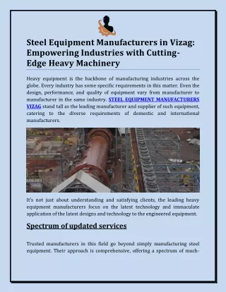 Steel Equipment Manufacturers in Vizag: Empowering Industries with Cutting-Edge Heavy Machinery