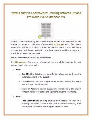 Sweat Equity vs Convenience Deciding Between DIY and Pre made PVC Shutters for You