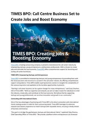 TIMES BPO: Call Centre Business Set to Create Jobs and Boost Economy