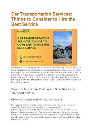 Car Transportation Services: Things to Consider to Hire the Best Service