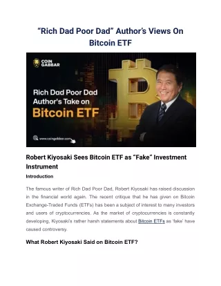 “Rich Dad Poor Dad” Author’s Views On Bitcoin ETF