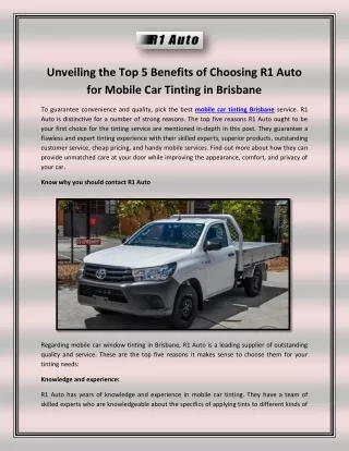 Unveiling the Top 5 Benefits of Choosing R1 Auto for Mobile Car Tinting in Brisbane