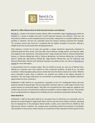 Baird & Co. Offers Platinum Bars for Both Seasoned Investors and Collectors
