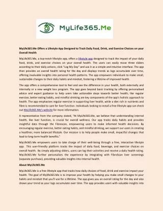 MyLife365.Me Offers a Lifestyle App Designed to Track Daily Food, Drink, and Exercise Choices on your Overall Health