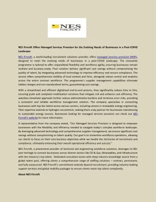 NES Fircroft Offers Managed Services Provision for the Evolving Needs of Businesses in a Post-COVID Landscape