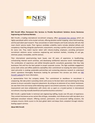 NES Fircroft Offers Permanent Hire Services to Provide Recruitment Solutions Across Numerous Engineering and Technical M