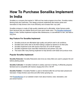 How To Purchase Sonalika Implement In India